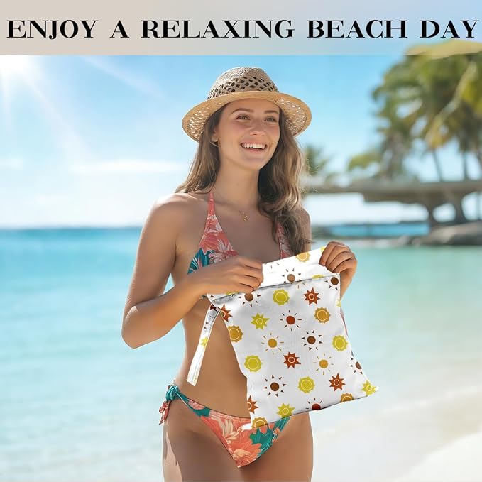 Sun Wet Dry Bag 12x10 Inch,Waterproof Reusable Wet Bag for Swimsuit, Travel, Beach, Pool, Diapers, Dirty Yoga Gym Clothes, Stroller, Toiletries, Makeup Bags, Sun Gifts for Women Friend