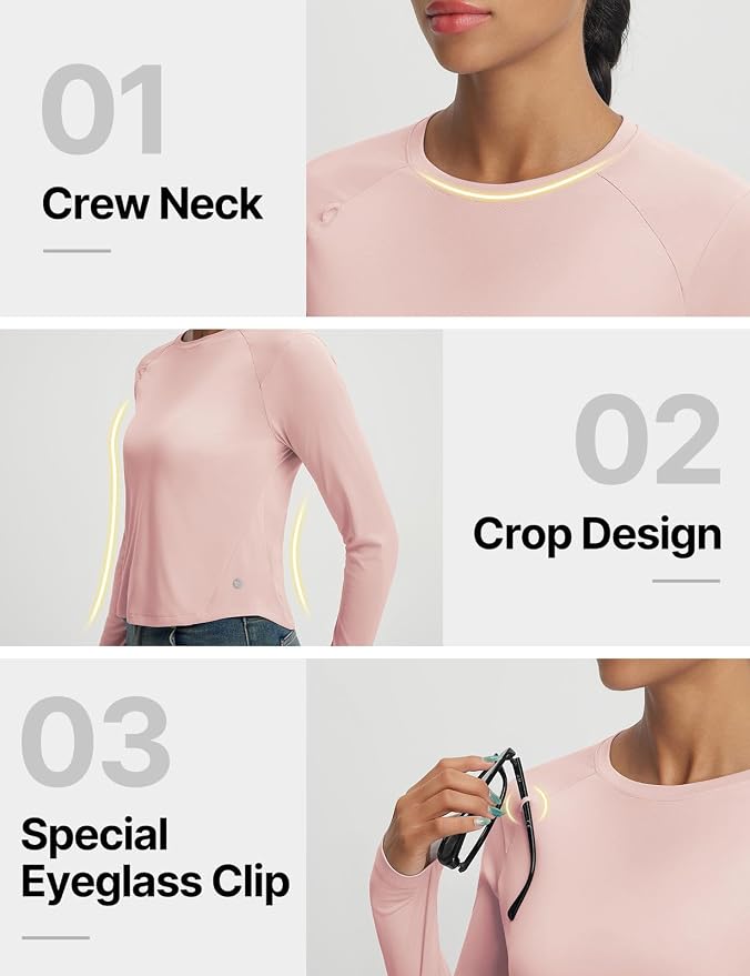 baleaf Women's UPF 50+ Long Sleeve Sun Shirts Crop Rash Guard UV Workout Tops SPF Slim Fit Lightweight Athletic Hiking
