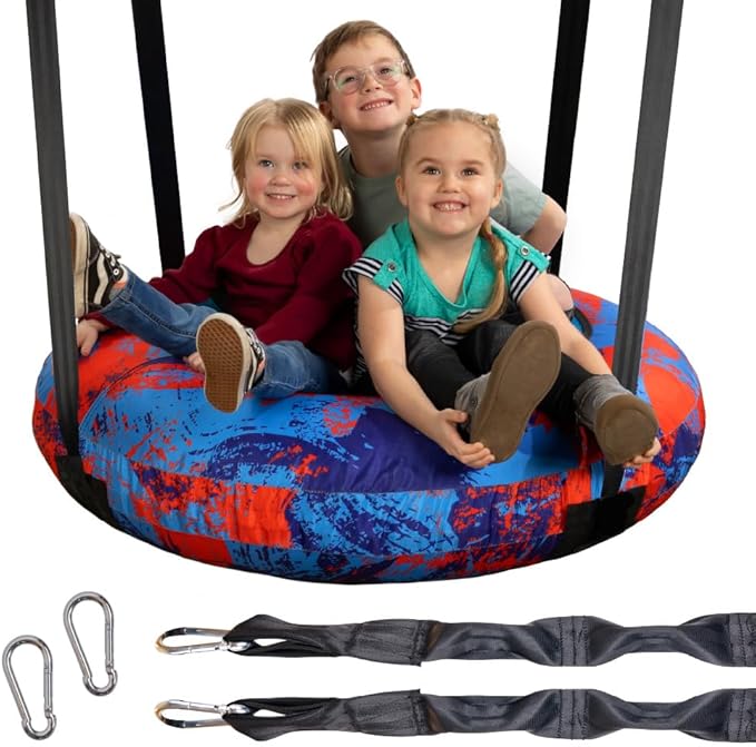 AIR Swing Giant 42” Inflatable Heavy Duty Saucer Swing Indoor Outdoor Playground, Jungle Gym, or Tree Ages 3+ UV-Protected Cover Durable Tube-Frame Adjustable Hanging Straps Carabiners - Blue/Red