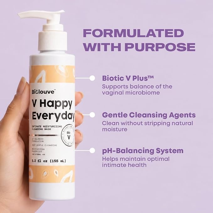 V Happy Everyday Intimate Wash Cleansing Lotion | Gentle Soap-Free pH Balance Feminine Wash for Daily Care with BioticV+ & Aloe Vera | Soothes Irritation & Odor 5.2 Fl Oz