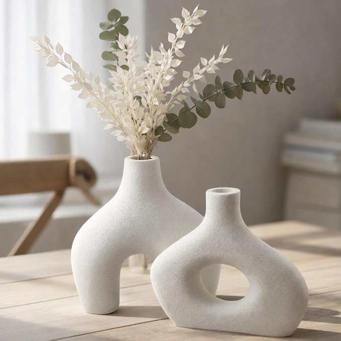 3D Printed Donut Vase Set of 2 – White Plastic Planter Vase with Drainage – Large Minimalist Nordic Hollow Design for Olive Tree, Modern Home Decor, Table, Console, Wedding (3D Printed in THE USA)