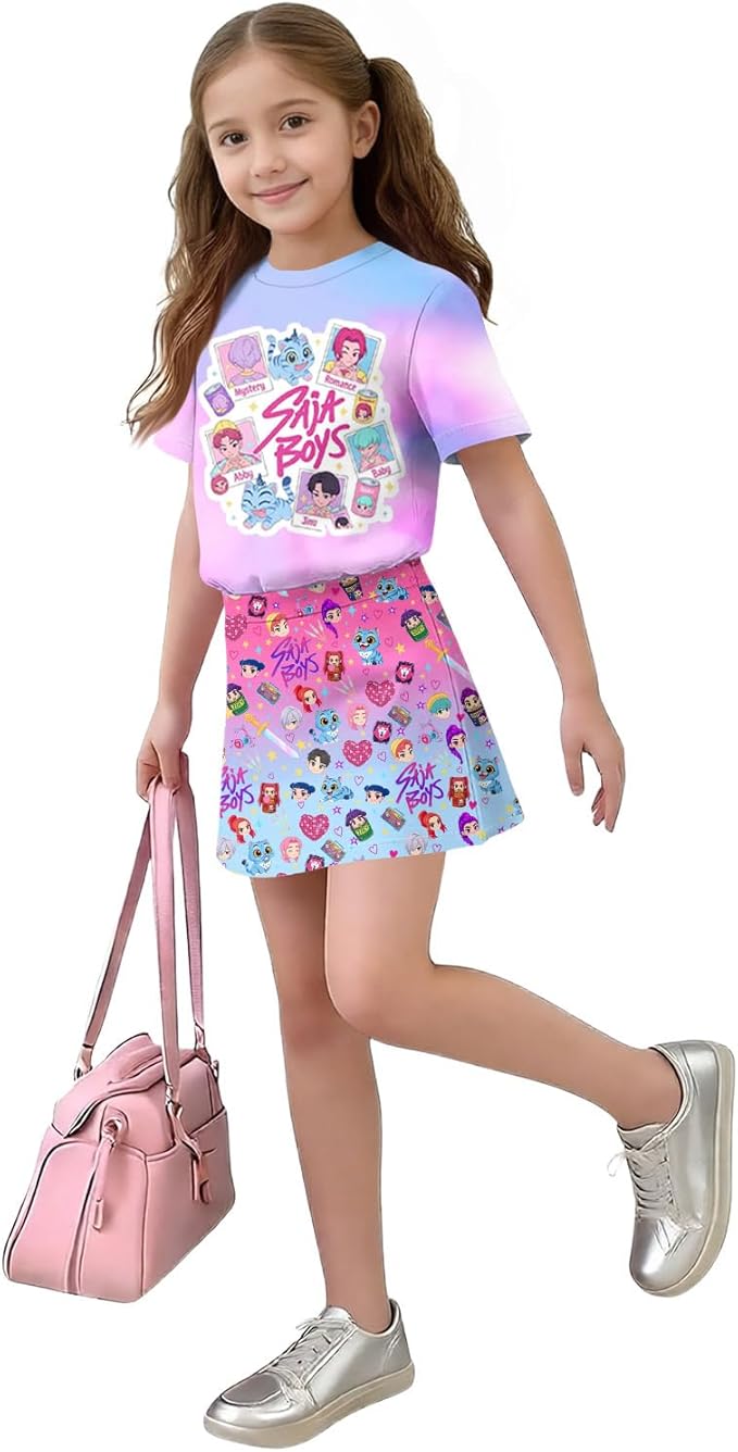 HTHLVMD K Pop Short Sleeve T-Shirt and Skirts Outfits Set for Girls Hunters Rumi Mira Zoey Graphic Tees De-Mon Costume