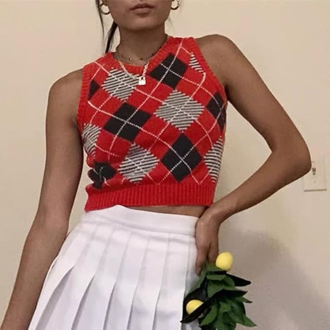 Women's Sweater Vest,Y2K Sleeveless Pattern Preppy Style Knitted Crop Tank Top for Girl