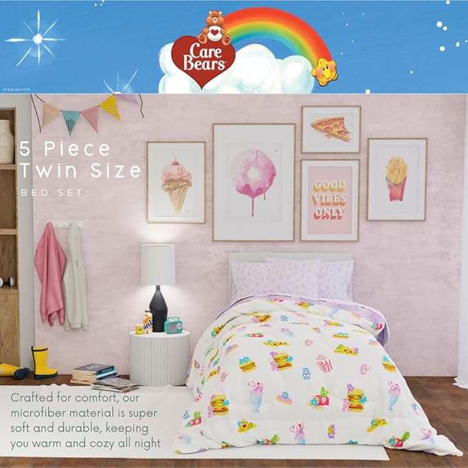Care Bears Food Snacks 5 Piece Super Soft Cozy Reversible Comforter and Sheet Set with Sham, Twin, (Officially Licensed Product) by Franco Collectibles