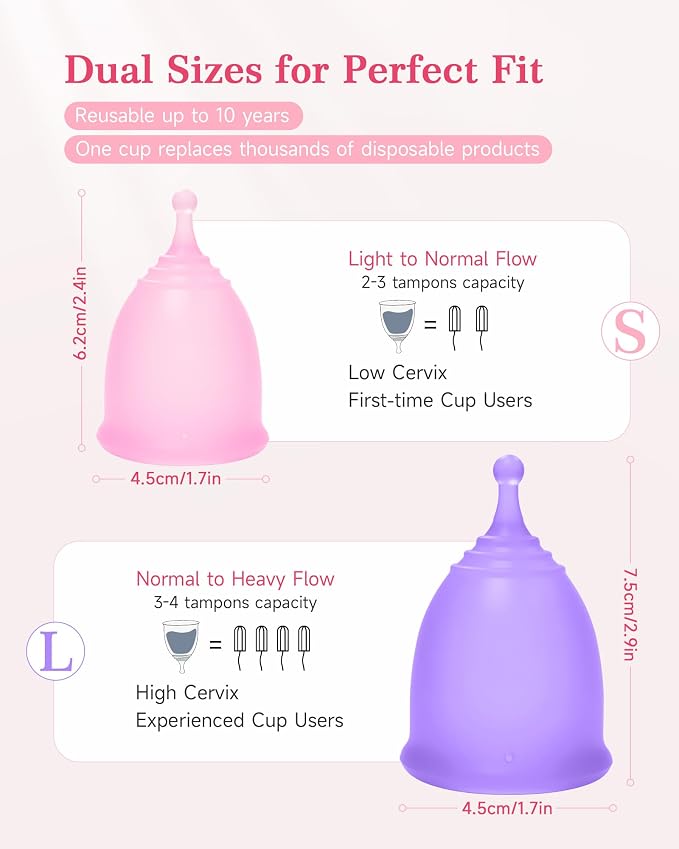 Menstrual Cup Steamer Sterilizer with S&L Size Reusable Period Cups, BPA Free, Leak-Proof Up to 12 Hours, Period Cleaner Kit-Travel Storage Pouch Included