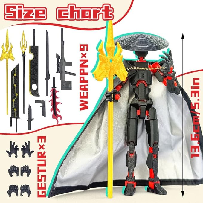 Assembly Completed T13 Action Figures,T 13 Action Figure, Robo 13 3D Printed Action Figure - The Ultimate Hero for Action-Packed Playtime,5.2 Inch (Black Red)