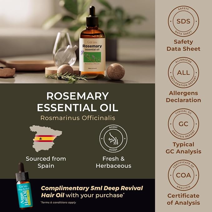Rosemary Essential Oil 4 Fl Oz for Hair Care Aromatherapy Diffuser and DIY | Leaf extracted formula, suitable for frizzy hair, scalp, skin and nails, for relaxing massage, DIY candle scent making