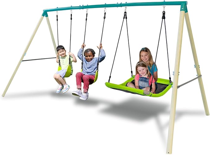 Sportspower Swing & Fly Metal Swing Set with 2 Sling Swings & 2-Person Skyflyer Swing, Heavy-Duty 2" Steel Frame, Outdoor Playset for Kids, Bonus 4-Piece Anchor Kit