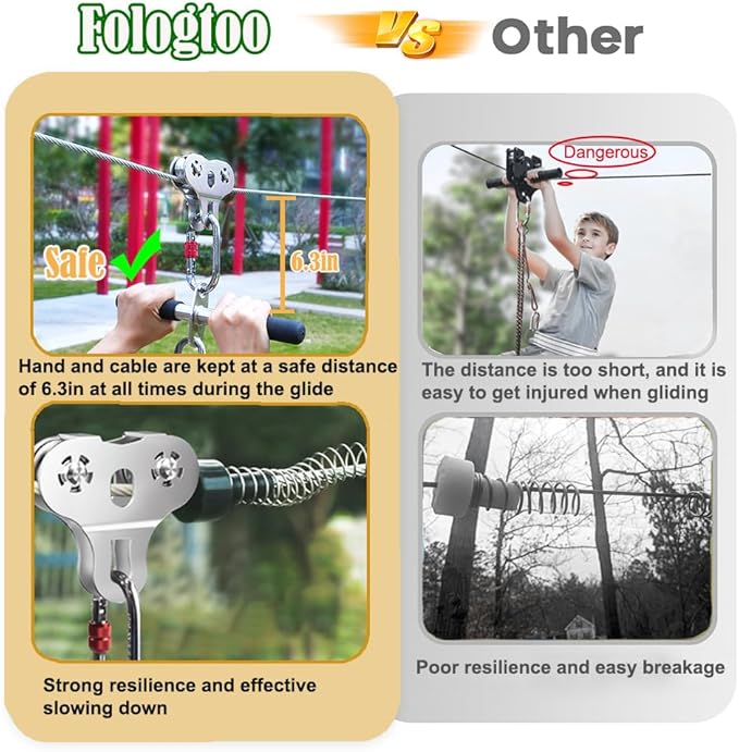 Zip Lines for Kids and Adults Outdoor Up to 500 Lbs, 304 Stainless Steel 180FT Zipline Kits for Backyard with Thickened 1/4" Wire Rope, Removable Pulley, Outdoor Playground Equipment