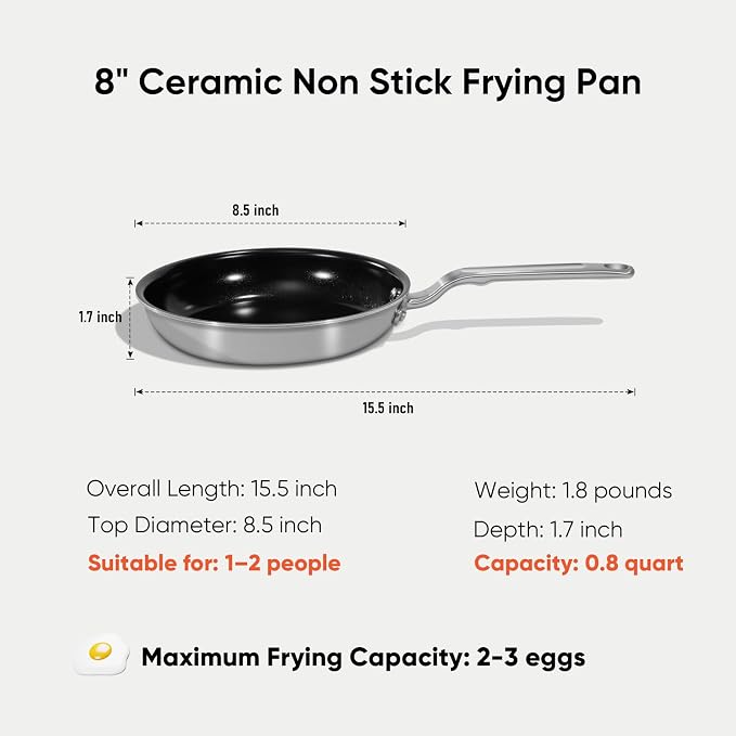 8 Inch 5-Ply Ceramic Non Stick Frying Pan Omelet Pan | PTFE/PFOA/PFAS-Free, Induction Ready, Oven Safe up to 650°F, Even Heat, Easy to Clean, For Singles or Small Kitchens