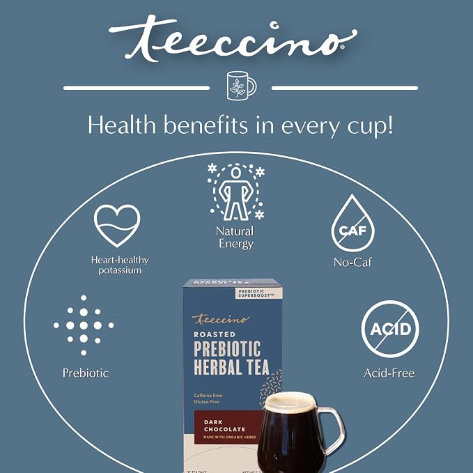 Teeccino Dark Chocolate Prebiotic SuperBoost™ Herbal Tea - Support Your Probiotics with Vegan GOS & Organic XOS For Good Gut Health and Regularity, 25 Tea Bags