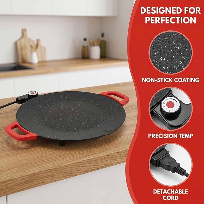 Electric Indoor Grill Nonstick Smokeless, Round Electric Griddle Nonstick for Indoor Use, Portable Korean BBQ Grill with Temperature Control for Kitchen, BBQ, Pan Searing Steak, Pancakes (14in)