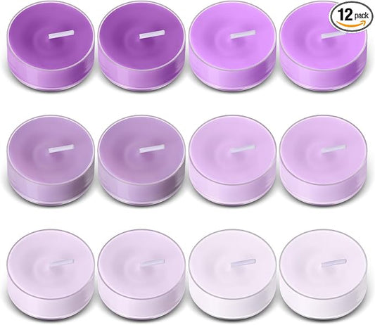 Honoson 12 Pack Tea Lights Candles Tea Light Natural Wax Scented Candle for Spring Easter Wedding Engagement Gifting Aromatherapy Anniversary Home Decor (Round,Gradient Purple)