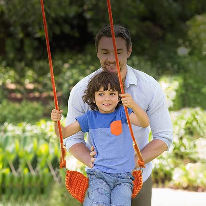 Hand-Knitting Kids Swing, Indoor Outdoor Portable Tree Swing Seat,Adjustable Ropes, with Hanging Strap and Snap Hook for Camping Hiking Backyard Playset and Playroom, Easy Install(Orange)