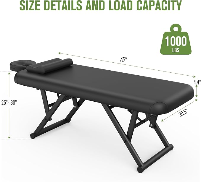 Olela Heavy Duty Stationary Massage Table - Adjustable Massage Table with Adjustable Height & Backrest, Treatment Tables with PU Leather, C-Shaped Pillow and Sturdy Metal Frame Support Up to 1000LBS