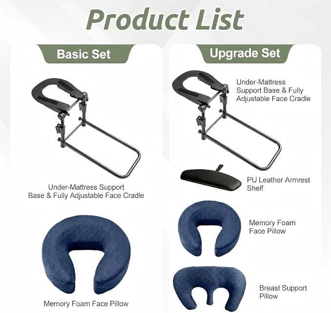Massage Headrest for Bed, Adjustable Massage Face Cradle at Home, Portable Massage Table Kit for Sleeping Mattress, Face Down Pillow After Eye Surgery (Blue, with Armrest Shelf & Breast Pillow)