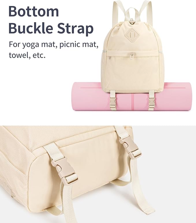 WANDF Drawstring Backpack for Women, Lightweight Gym Bag with Yoga Mat Strap, Water-Resistant String Backpack with Mesh Pocket (Beige, Patent Pending)