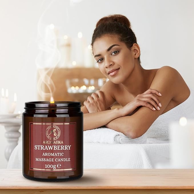 AROMATIKA Strawberry Scented Massage Candle - Soy Wax 3.5Oz - Relaxing Aromatherapy Candle - Glass Jar Gift