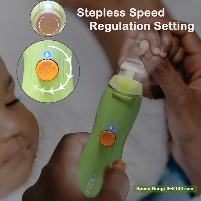 Fansidi Rechargeable Baby Nail Trimmer Electric, Easy & Safe Nail File for Newborn to Toddler, USB Charging, 8100 RPM Stepless Speed, LED Light, Whisper-Quiet for Sleeping Baby,Green, Bonus Adult Head