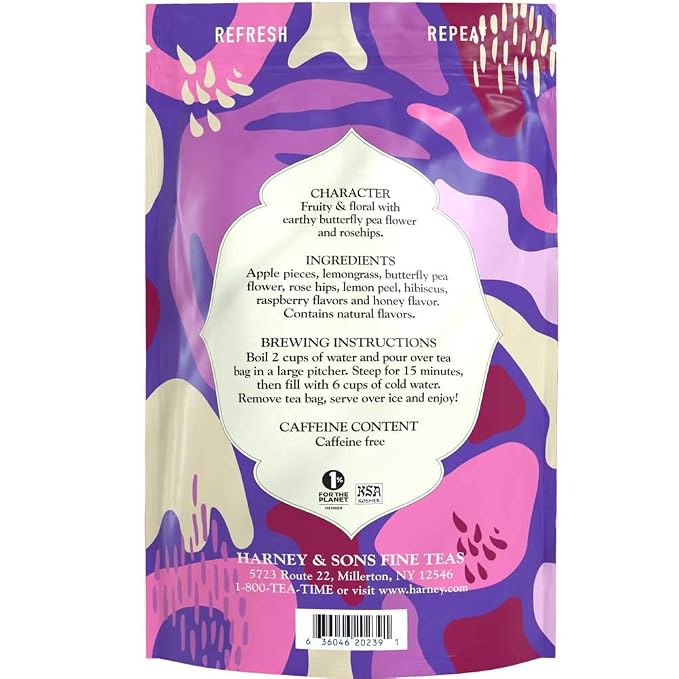 Harney & Sons Fresh Brew Herbal Iced Tea, Indigo Punch Butterfly Pea Flower Tea, 15 Iced Tea Bags, Color Changing Herbal Tea