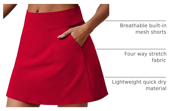 PINSPARK 17" Golf Skorts for Woman High Waisted Tennis Skirt with 4 Pockets | Lightweight, Quick Dry, 4-Way Strecth, Breathable, Tummy Control, UPF 50+ Athletic Skort for Workout, Pickleball, Gym, Casual