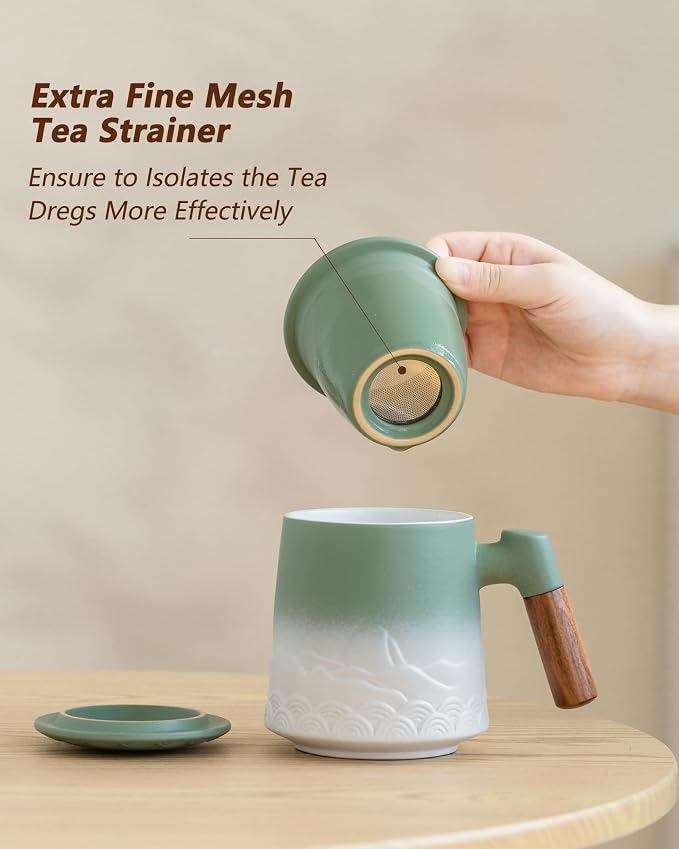 ZENS 16.9 oz Embossed Ceramic Tea Mug with Infuser and Lid, Loose Leaf Steeper, Wood Handle, Matte Glazed, Gift for Tea Lovers