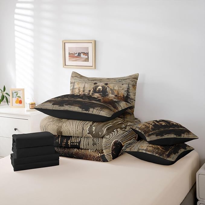 Feelyou Vintage Grizzly Bear Comforter Set With Sheets 7 Piece King Size Wild Animal Hunting Bedding Set for Kids Boys Girls Western Cabin Bed in a Bag Farmhouse Room Decor Soft Lightweight Microfiber