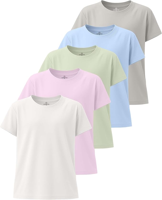 Real Essentials 5 Pack: Girls' Short Sleeve Dry-Fit Athletic T-Shirt - Active Gym Crew Neck Tops for Teens Kids (Ages 4-16)