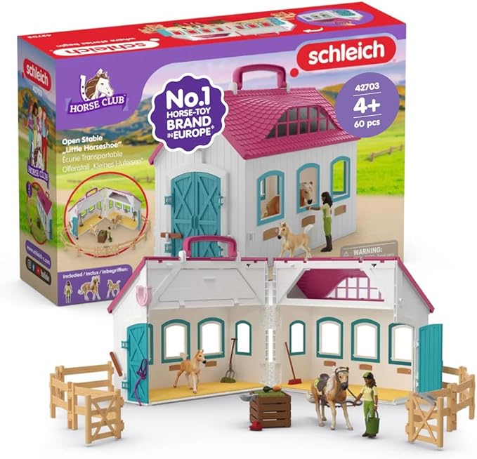 Schleich Horse Club - 60PC Little Horseshoe Open Stable Playset - Easy Carry Set with 2 Horse Figurines, Action Figure, Stable and Accessories - Toy Horses for Girls and Boys - Kids Ages 4+ | 42703