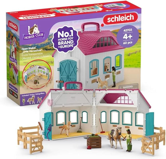 Schleich Horse Club - 60PC Little Horseshoe Open Stable Playset - Easy Carry Set with 2 Horse Figurines, Action Figure, Stable and Accessories - Toy Horses for Girls and Boys - Kids Ages 4+ | 42703