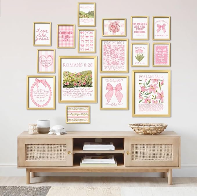 16 PCS Framed Christian Coquette Wall Art Decor, Pink Bow Bible Verses Wall Collage Kit Prints for Bedroom, Gallery Wall Frame Set, Jesus Posters for Living Room Aesthetic, Dorm Artwork for Girls Kids