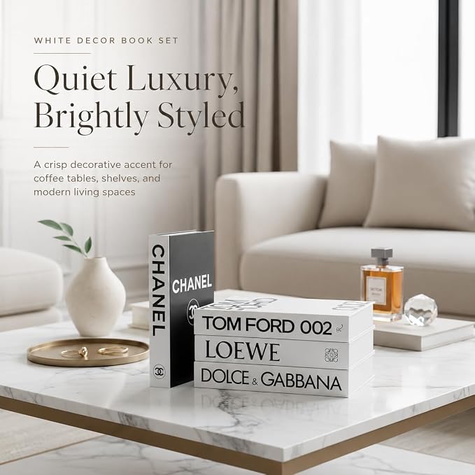 4 Pcs Decorative Books | Faux White Coffee Table & Shelf Decor | Bright Scandinavian Look for Living Room, Office and Entryway - Not Real, Tool-Free 2-Min Setup