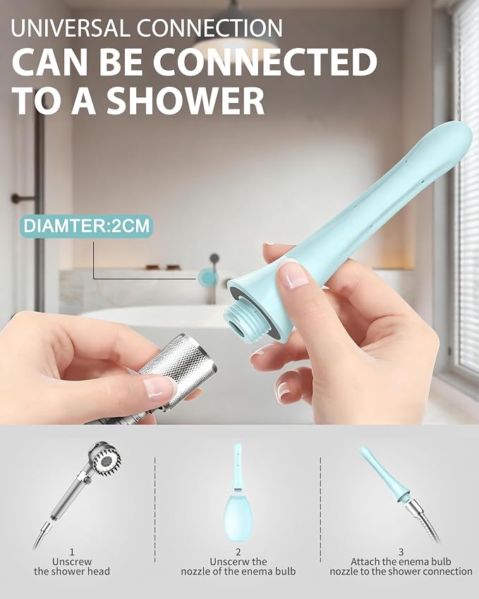 Enema Douche Anti Back-Flow, Douche Connected to Shower Hole,Enema Bulb with 7 Spouts, Reusable Portable Enima Vaginal Cleaner kit for Men Women (Blue)