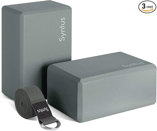Syntus Yoga Block and Yoga Strap Set, Soft Non-Slip Yoga Blocks 9×6×4 inches, 8FT Metal D-Ring Strap for Yoga, General Fitness, Pilates, Stretching and Toning