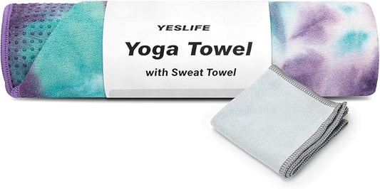 YESLIFE Non-Slip Extra Thick Hot Yoga Towel with One Sweat Towel, Microfiber Sweat Absorbent Yoga Mat Towel with Grip Dot, Pilates Mat, 72" x 24", Green&Purple