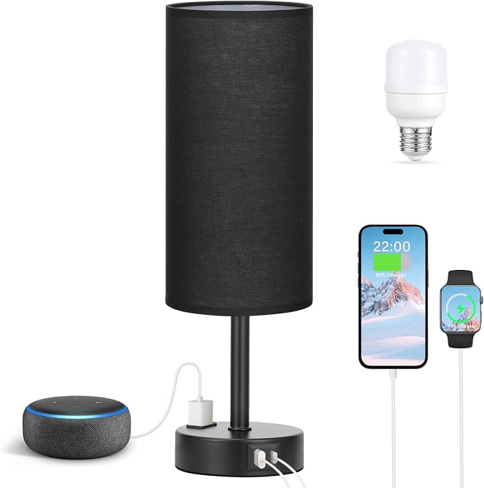 Fenmzee Black Bedside Lamp for Bedroom, Dimmable Touch, USB A+C, AC Outlet | 3-Way Dimmable, LED Bulb Included, USB C+A Charging Ports, Black Fabric Lampshade, Metal Base, 14in Small Table Lamp