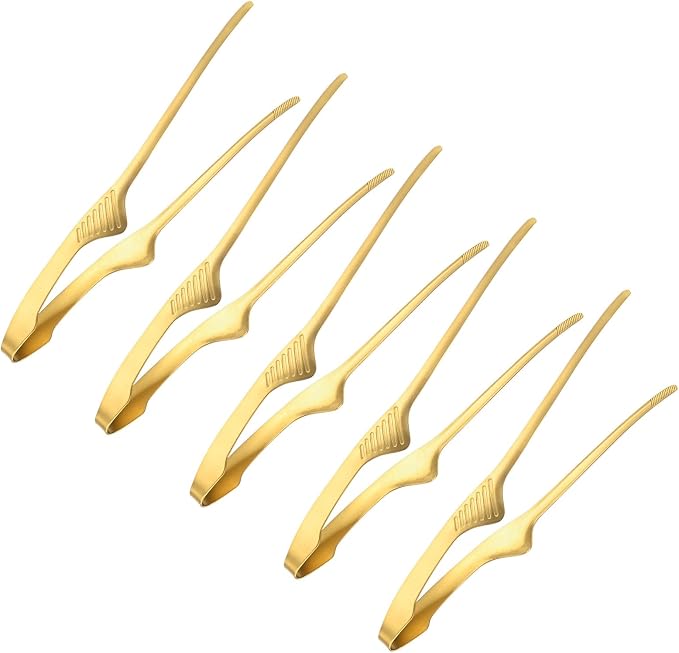 M METERXITY 5 Pcs Korean and Japanese BBQ Tongs 9.5 Inch Barbecue Tongs 430 Stainless Steel Kitchen Self-Standing Grill Non-Slip for Grill/Salad/Camping/Cooking [Gold]
