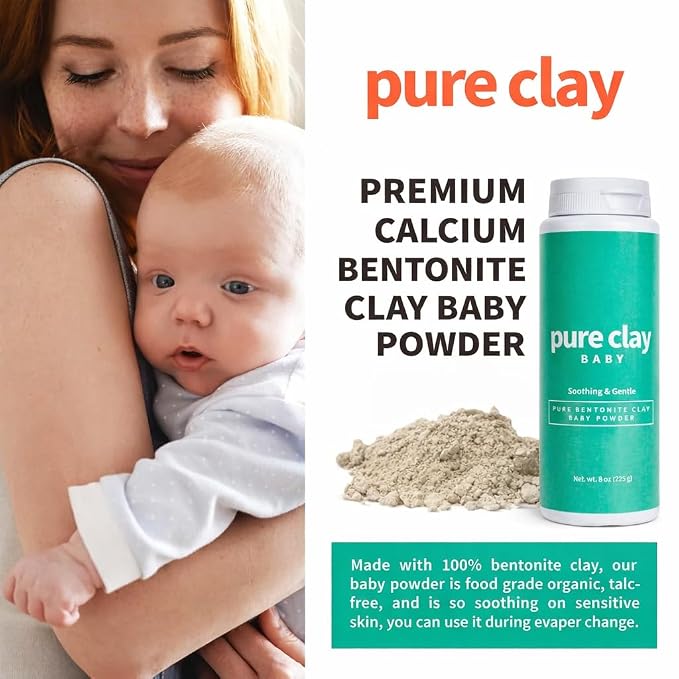 Pure Clay Talc Free Baby Powder with Organic Bentonite Clay Food Grade for Sensitive Skin, Gentle Calcium Bentonite Care for Delicate Infant Diaper Area. Talc-free baby powder. Unscented and Organic.