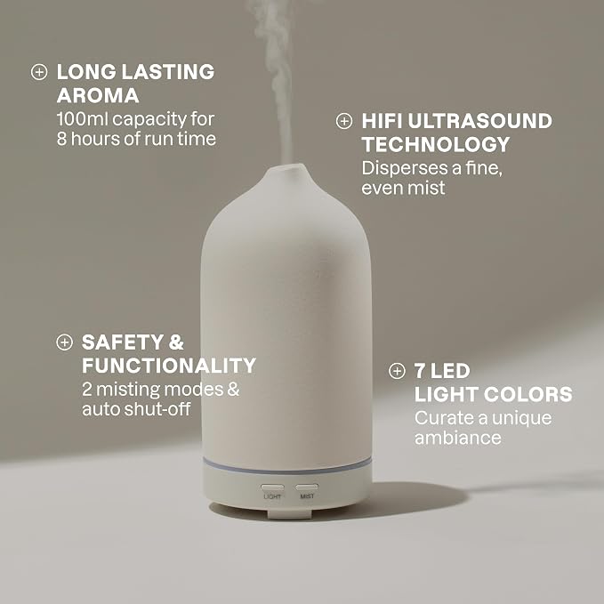 Cliganic Ceramic Diffuser (Black), 100ml Ultrasonic for Essential Oils Aromatherapy, Home & Office