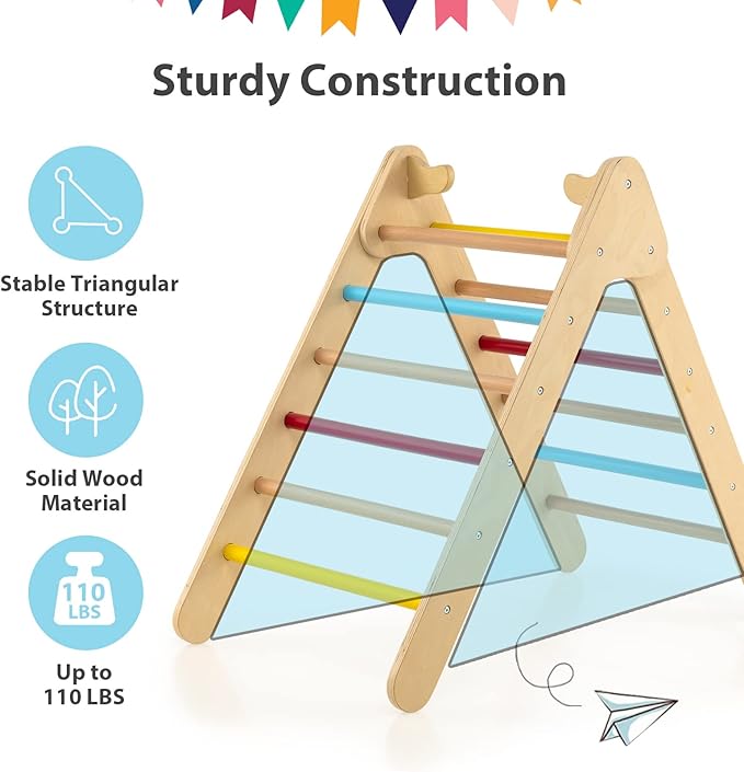 OLAKIDS Pikler Triangle Set 2 in 1 Climbing Toys for Toddlers Foldable Wood Montessori Baby Jungle Gym with Ladder Ramp Slide Kids Indoor Playground Activity Play Structure