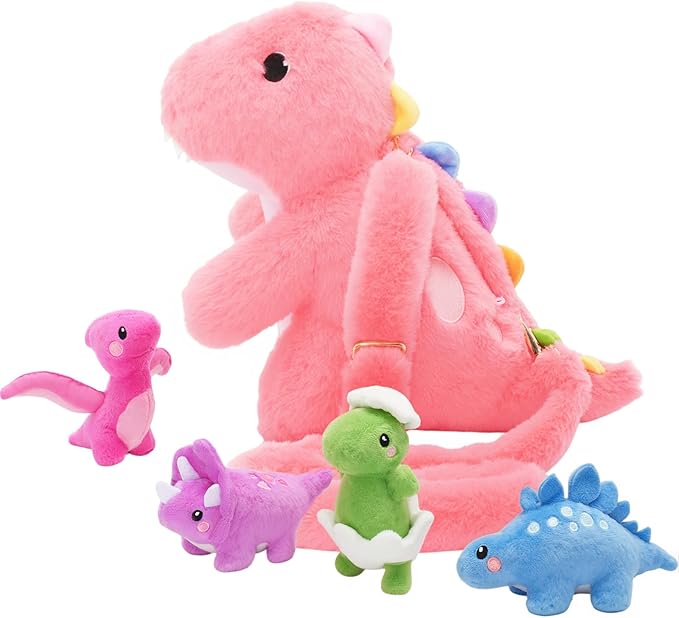 OUOZZZ Pink Dinosaurs Stuffed Animals with 4 Babies Inside - Girl Dinosaur Toy for Girls Dinosaur Plush Birthday Toddler with Shoulder Strap