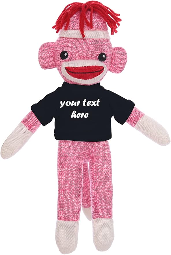 Personalized Huggable Pink Sock Monkey 8 Inch Plush Stuffed Animal Gift - Custom Text on Shirt - Perfect for Valentine's Day, Halloween, Graduation Day, Birthday Present