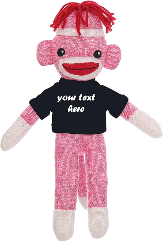 Personalized Huggable Pink Sock Monkey 8 Inch Plush Stuffed Animal Gift - Custom Text on Shirt - Perfect for Valentine's Day, Halloween, Graduation Day, Birthday Present
