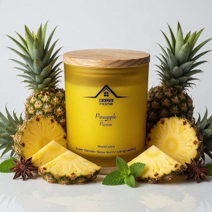 Exus Hand Crafted, Soy Wax, Wood Wick, Aromatic Candle. Non-Toxic (Pineapple/Passion)