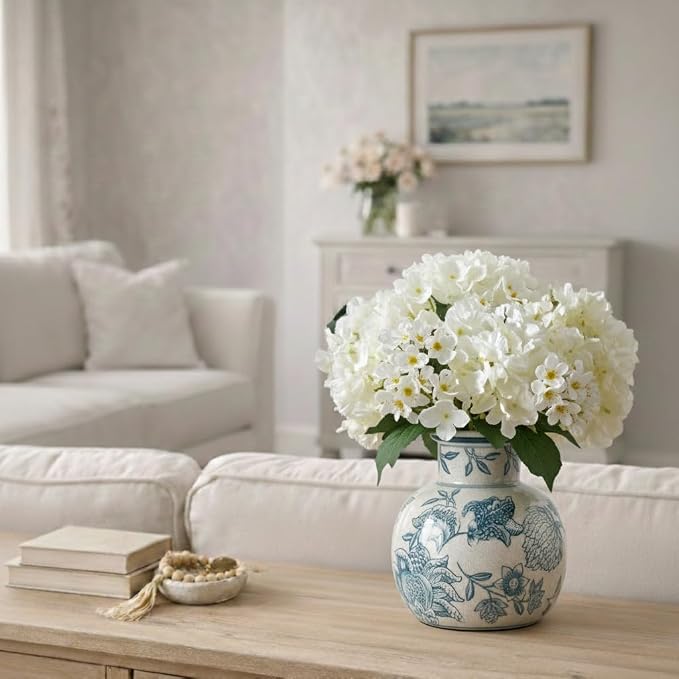 SIDUCAL Blue and White Vintage Vase | 6 Inch Ceramic Chinoiserie Floral | Retro Ice Cracked Blue and White Porcelain Vase for Table, Living Room, Bathroom Decoration, Wedding, Shelf Decor, Mantel