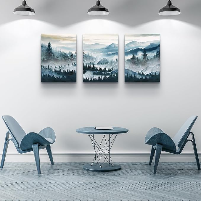 MHARTK66 Mountain Landscape Wall Art for Living Room, Large Foggy Forest Watercolor Artwork for Walls, 3 Piece Nature Mountain Forest Paintings Prints for Hallway Office Kitchen Wall Decor, 16x24 Inch