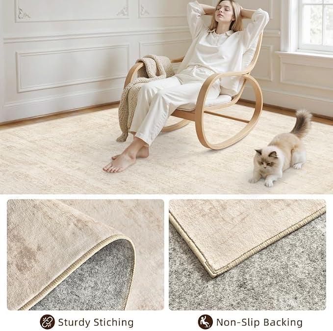 Round Area Rug for Living Room: 6ft Vintage Boho Neutral Washable Circle Rug Soft Large Circular Carpet for Bedroom Nursery Farmhouse Dining Room Office Floor Non-Slip Low Pile Under Table Retro Beige