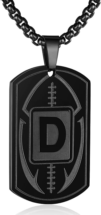 Initial A-Z Dog Tag Necklace for Men - Football Charm Pendant, Stainless Steel Chain 22+2 Inches, Personalized Sports Athletes Jewelry Gift