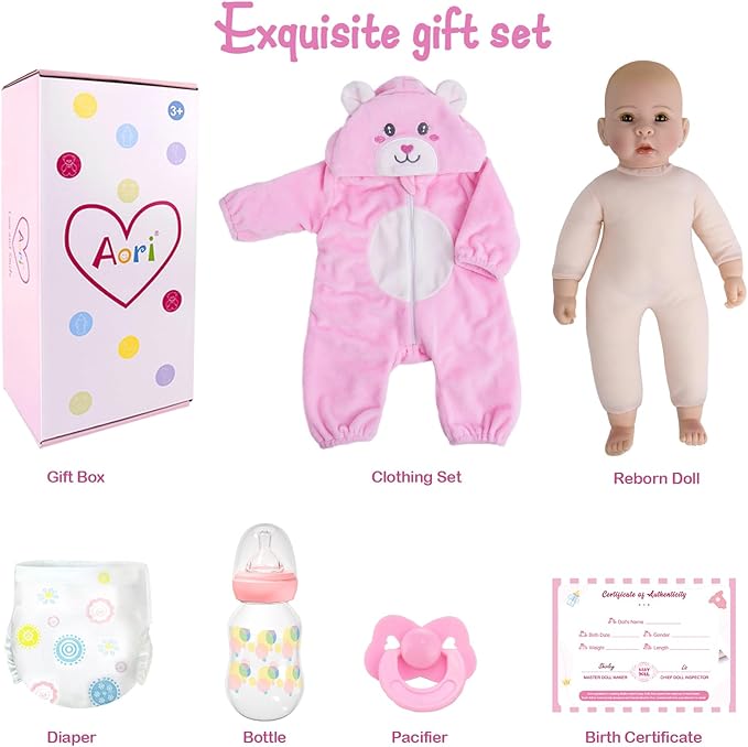 Aori Baby Dolls Realistic, 17-inch Lifelike Soft Body Baby Girl That Look Real with Feeding Kit Included, Ideal Gift for Kids, Birthday, Pretend Play