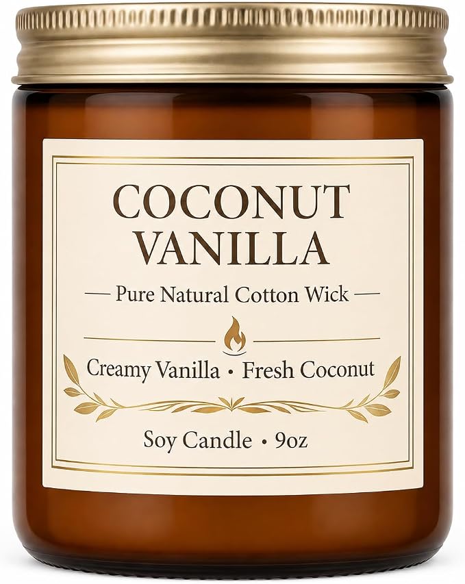 Coconut Vanilla Candle, 9 oz Soy Coconut Wax Scented Candle for Home, Vanilla Coconut Aromatherapy Candle, Clean Burning Jar Candle for Bedroom Bathroom Spa, Candle Gifts for Women Men